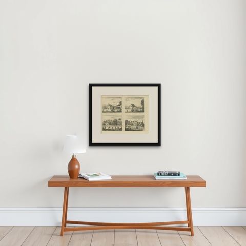 Antique Print of Various Churches on Ceylon by Churchill, 1744, shown framed on a wall, true to size