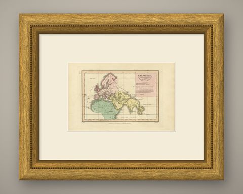 The World at the Time of Christ, Antique Hand-Colored Map, 1823, shown framed