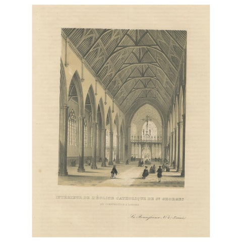 Lithograph of St. George's Church Interior Under Construction in London, 1843