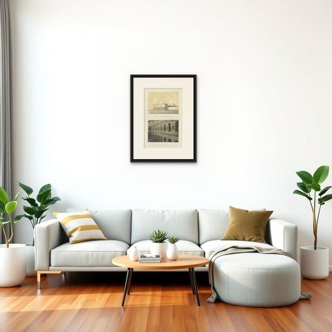 Antique lithograph views of Lima, Penitentiary & San Francisco Convent, 1865, shown framed in a room, true to size