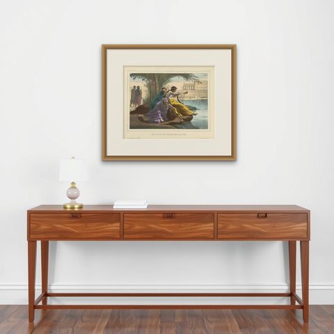 Antique Religious Print "No. 20" The Girls of Jerusalem, circa 1840, shown framed on a wall, true to size