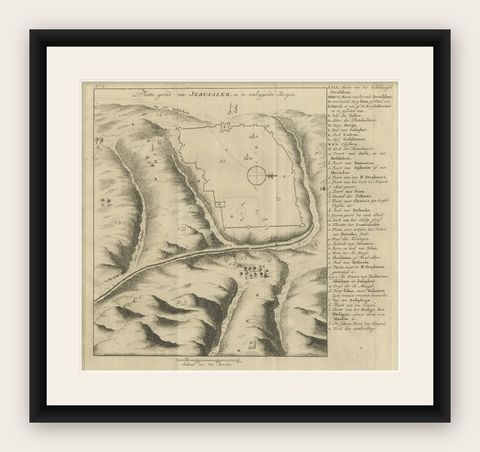 Antique Engraving of a Map or Plan of Jerusalem and Surrounding Mountains, 1773, shown framed