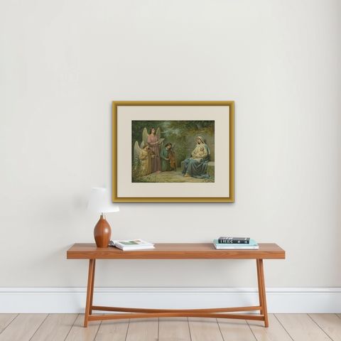 Virgin Mary with Christ Child & Angel Musicians, German Chromolithograph, 1900, shown framed on a wall, true to size