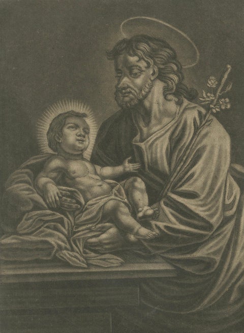 St. Joseph with the Christ Child, Antique Mezzotint, J.E.Haid Augsburg, ca.1799, close-up 6