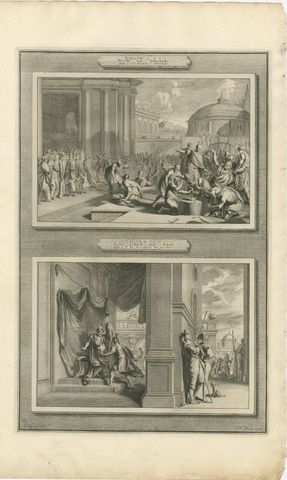 Punishment of Adonibezek and Ehud Kills Eglon, Mortier Bible circa 1700