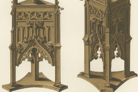 Carved Wooden Lectern at Aosta, Fifteenth Century, Antique Print, 1851, close-up 3