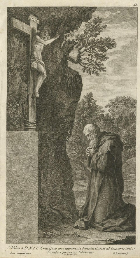 Antique Print of Saint Nilus Kneeling in Prayer, 1762, close-up 1