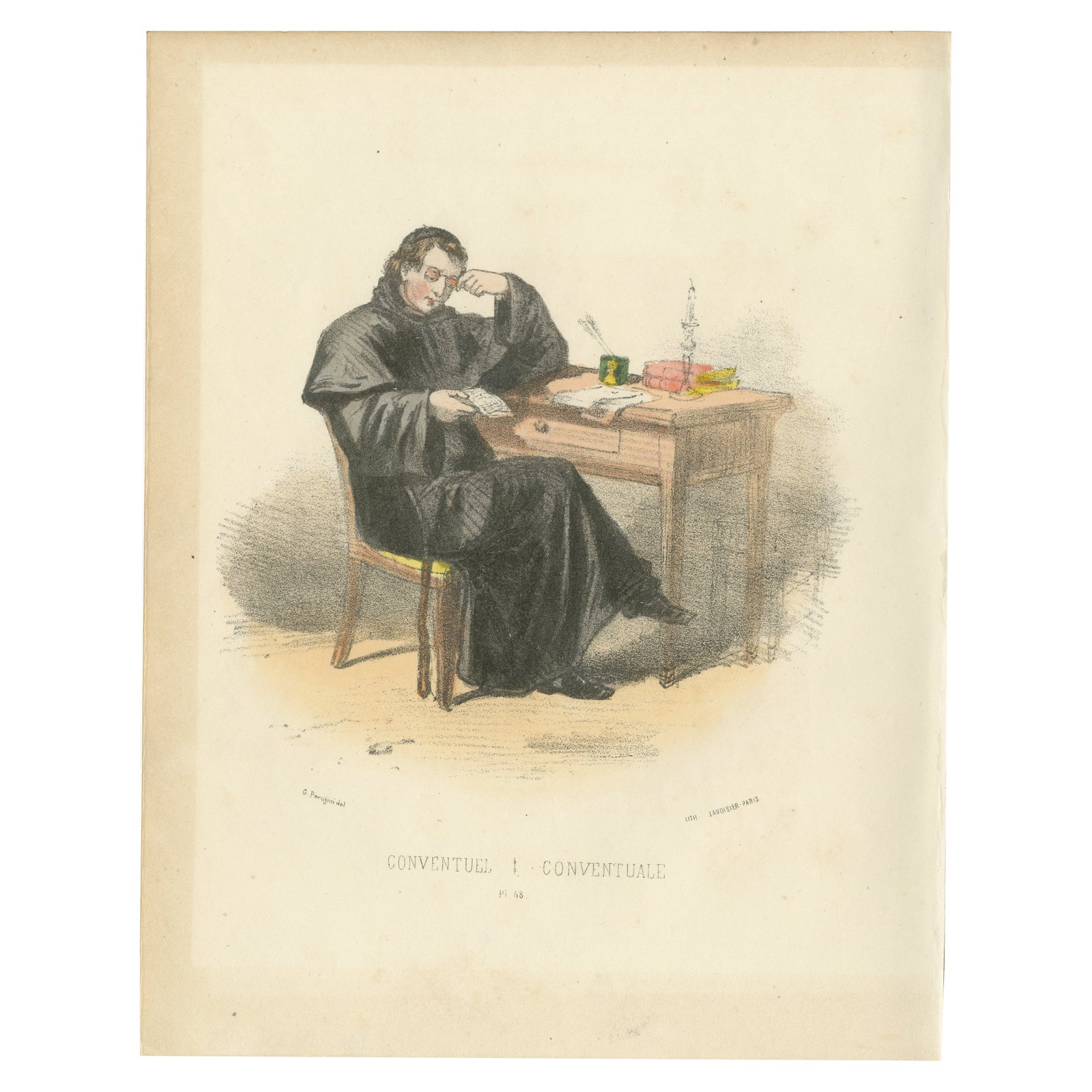 Conventuel, 1862 Hand-Colored Lithograph of a Conventual Franciscan Friar