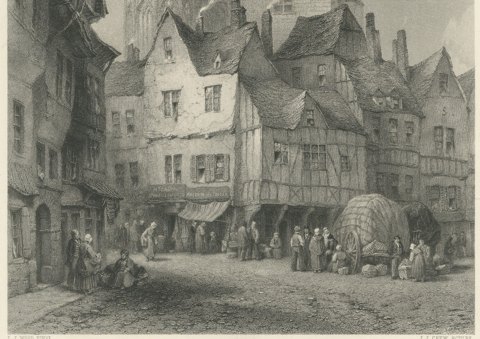 Cathedral at Rodez, France after L.J. Wood, Antique Steel Engraving, circa 1878, close-up 2