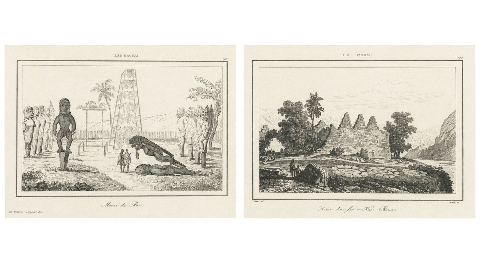 Ancient Hawaiian Temples & Royal Sacred Sites, Pair of Small Engravings, 1836