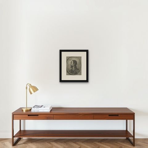 Copper Engraved Portrait of Jesus Christ by Robert Brichet, around 1800, shown framed on a wall, true to size