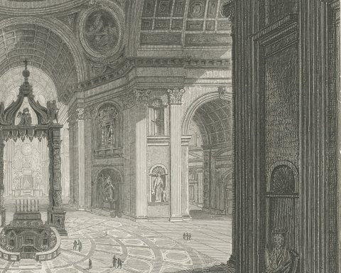 Interior of Saint Peter's, Rome, Antique View from Payne's Universum, circa 1850, close-up 2