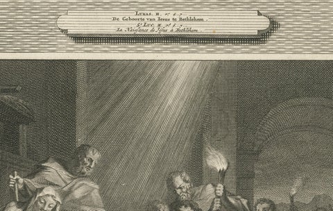 Census of Bethlehem & Christ’s Nativity, Mortier Engraving, 1700s, close-up 1