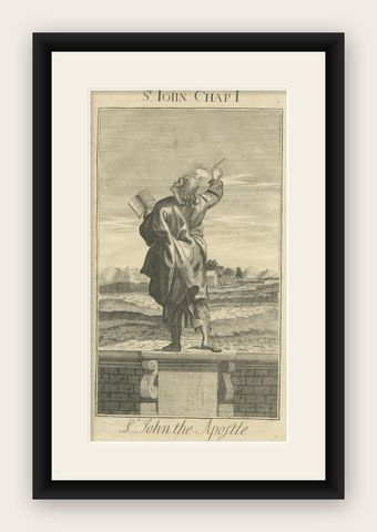 St. John Apostle Engraving, John I Evangelist with Gospel c.1735, shown framed