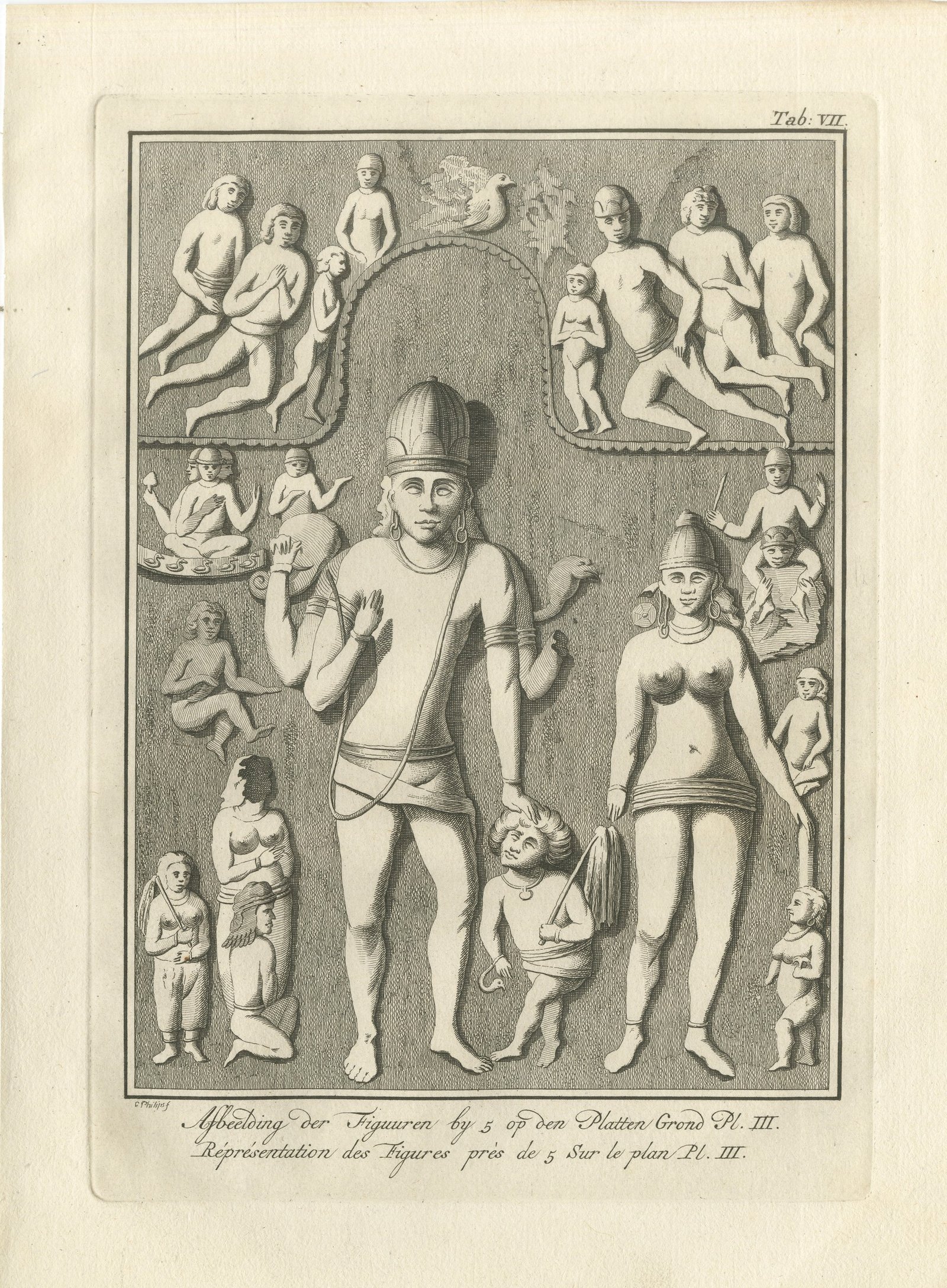 Elephanta Cave Sculpture at Station 5, Antique Niebuhr Print, 1780