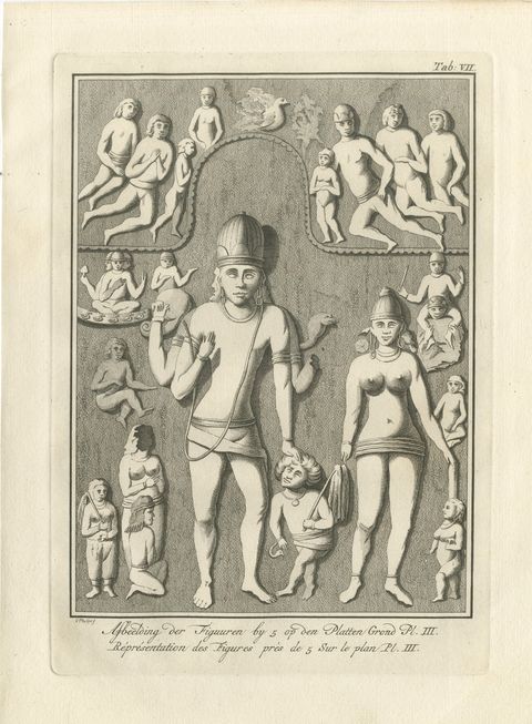 Elephanta Cave Sculpture at Station 5, Antique Niebuhr Print, 1780