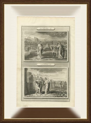 Samuel at Mizpah and Samuel Anoints Saul King, Mortier Bible circa 1700, shown framed
