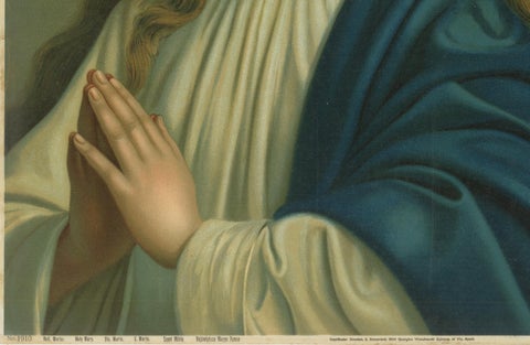 Holy Mary in Prayer, Antique German Marian Chromolithograph, 1904, close-up 2
