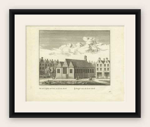 Antique Print of the 'Loodskerk' Church of Leiden, c.1800, shown framed