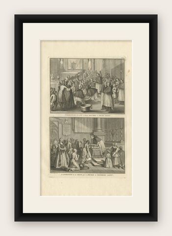 Antique Print of Two Religious Ceremonies by B. Picart, 1724, shown framed