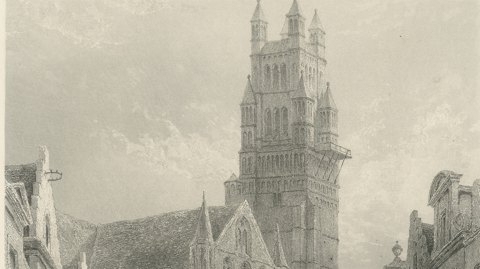 The Cathedral, Bruges, Antique Steel Engraving after E. George, circa 1878, close-up 1