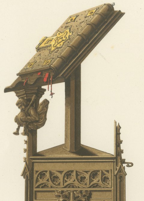 Carved Wooden Lectern at Aosta, Fifteenth Century, Antique Print, 1851, close-up 1