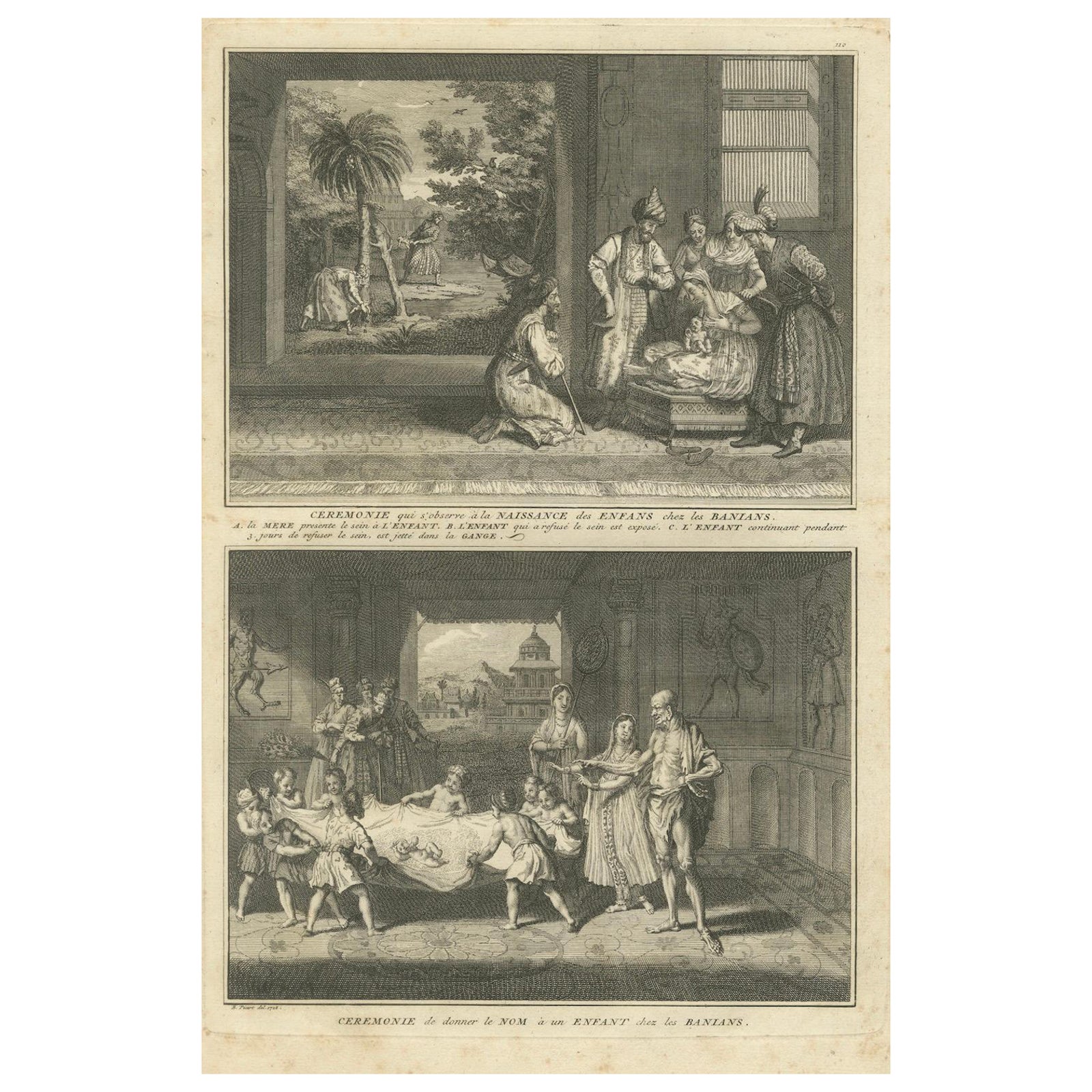 Birth and Naming Rituals of the Banians, Rare 1734 Indian Custom Engraving
