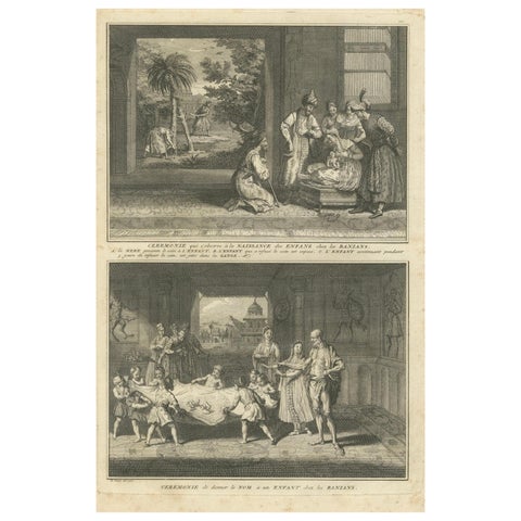 Birth and Naming Rituals of the Banians, Rare 1734 Indian Custom Engraving