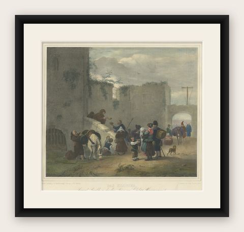 Antique Print of Travellers Halting at Convent, C.1840, shown framed