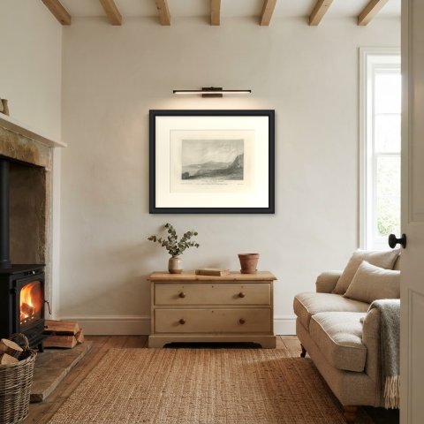 Antique View from Mount Carmel, Bay of Acre, Holy Land Engraving, circa 1850, shown framed in a room, true to size