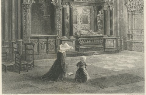 Tomb of Louis de Brézé, Rouen, Antique Steel Engraving after Hodson, circa 1877, close-up 2