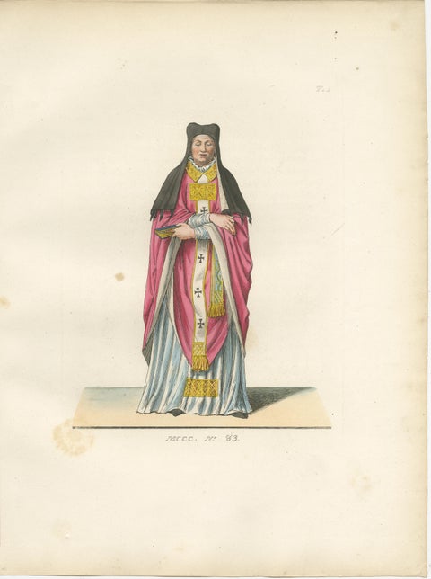 Religious Costume c.1400, Antique 1845 Print of Ecclesiastical Figure, view 2