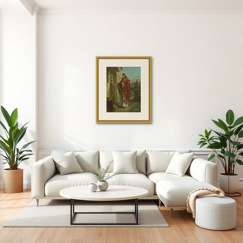 Christ Knocking at the Door, Antique c.1900 German Sacred Art Print, c.1900, shown framed in a room, true to size