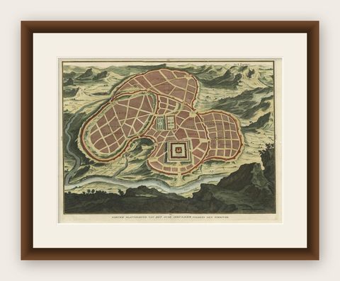 Antique Map of Ancient Jerusalem, depicting The Temple of Solomon, c.1725, shown framed