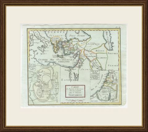 Antique New Testament Map with Plan of Jerusalem after Bonne, circa 1770, shown framed