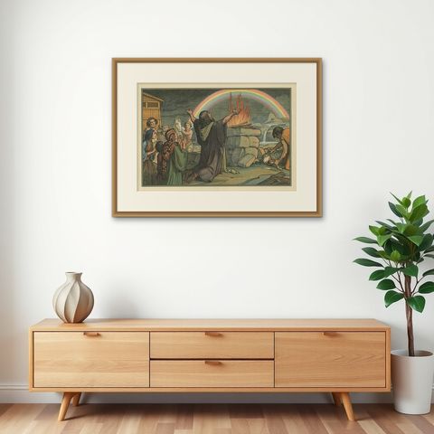 Antique Religion Print of Noah's Offering, 1913, shown framed on a wall, true to size