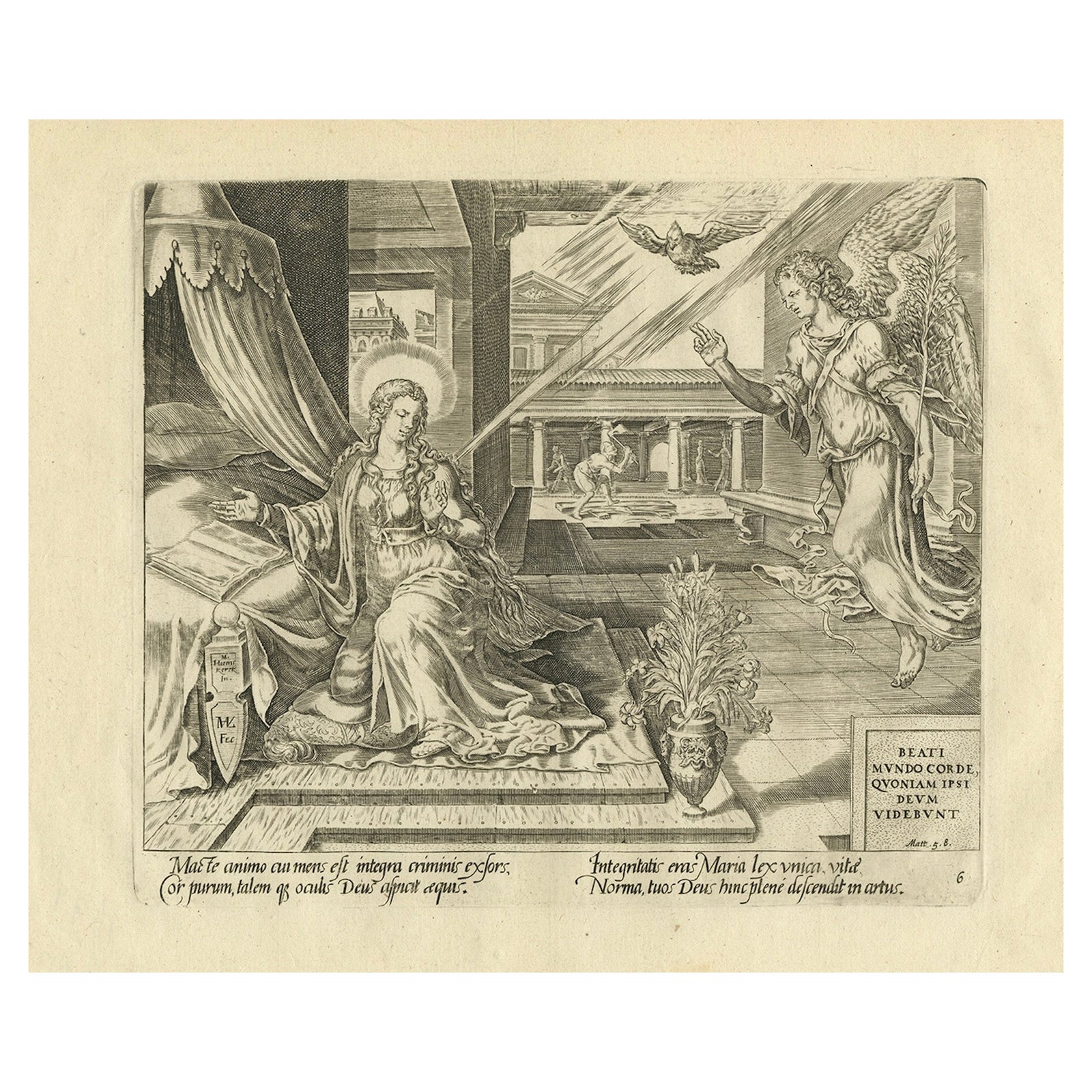 Mary Visited by an Angel, Antique Biblical Engraving, Visscher, 1674
