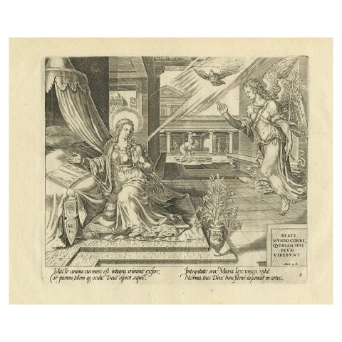 Mary Visited by an Angel, Antique Biblical Engraving, Visscher, 1674