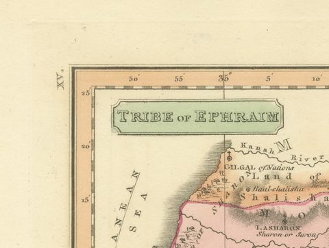 Antique Scripture Map of the Tribe of Ephraim, Hand-Colored, 1823, close-up 1
