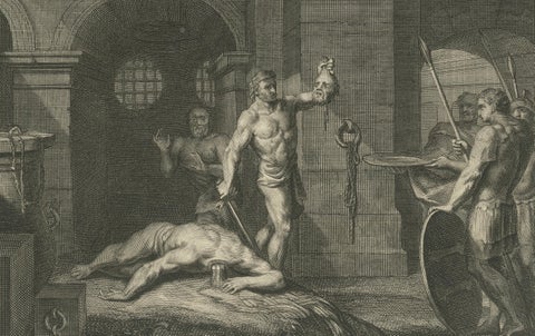 Antique Religious Engravings, Dance of Salome & John the Baptist Beheaded, 1700, close-up 2