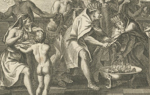 Quetzalcoatl Worship and Hunting Deity, Rare 1734 Engraving of Aztec Rituals, close-up 6