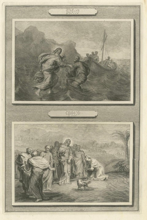 Antique Biblical Engravings, Christ Walking on Water & Canaanite Woman, 1700, close-up 5