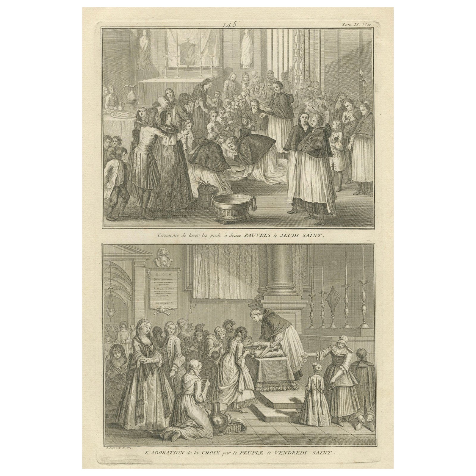 Maundy Thursday and Good Friday Rites, Old 1734 Catholic Engraving of Holy Week