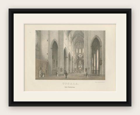 Uppsala Cathedral Choir Interior, Koret i Domkyrkan, Tinted Lithograph 1877, shown framed
