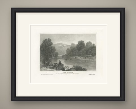 The River Jordan at Joshua's Crossing, Antique Holy Land View, circa 1850, shown framed