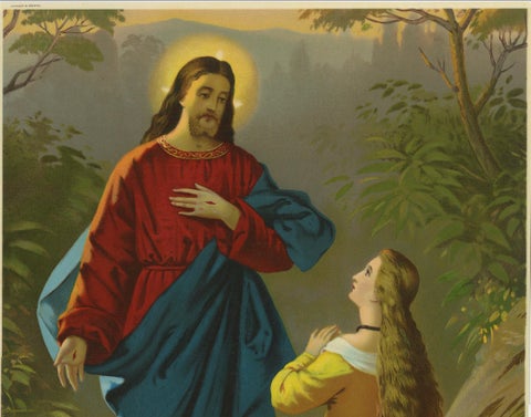 Jesus Appears to Mary Magdalene, Antique German Chromolithograph, c. 1895, close-up 3