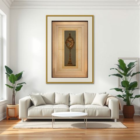 Antique Chromolithograph Monstrance Reiche Kapelle Munich Sacred Object, 1874, shown framed in a room, true to size