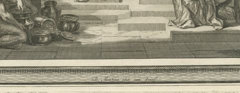 Feast of Tabernacles and the Queen of Sheba Visits Solomon, Mortier, circa 1700, close-up 1