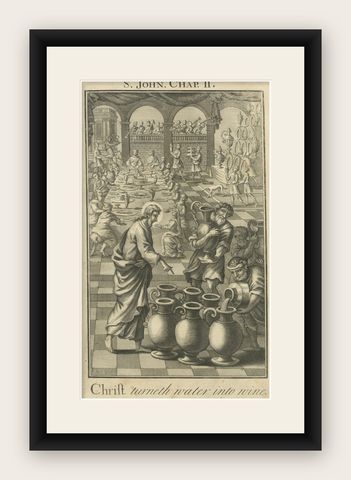 Christ Turns Water into Wine Engraving, John II Wedding at Cana c.1735, shown framed