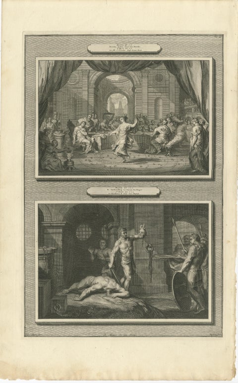 Antique Religious Engravings, Dance of Salome & John the Baptist Beheaded, 1700, view 2